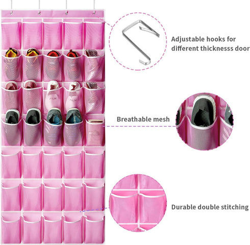 35 35 4 (Pink-1Pack) SAVERHO Pockets Over the Door Shoe Organizer, Hanging Shoe Organizer for Door with Mesh Pockets