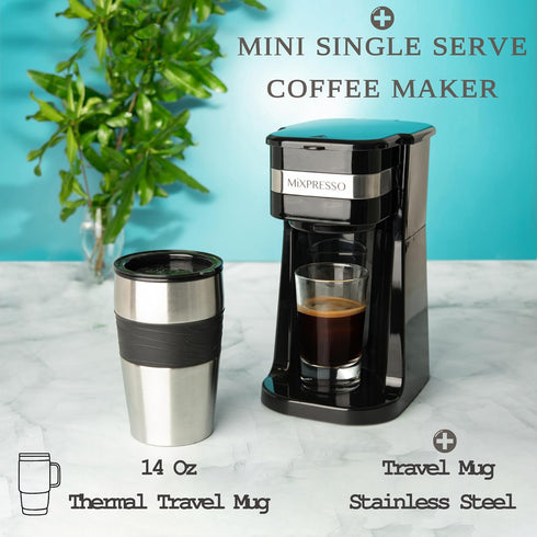 Mixpresso Personal Single Serve Coffee Maker & 14oz Travel Mug, Drip Small Coffee Maker with Auto Shut Off & Reusable
