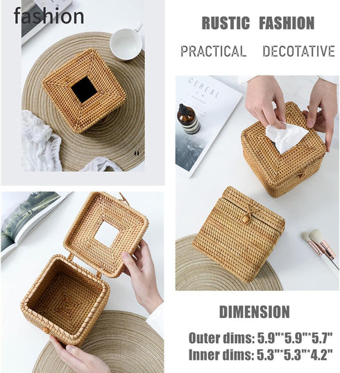 Decorative Square Rattan Tissue Box and Condiment Organizer, 6"x6" Napkin Holder for Dining Table