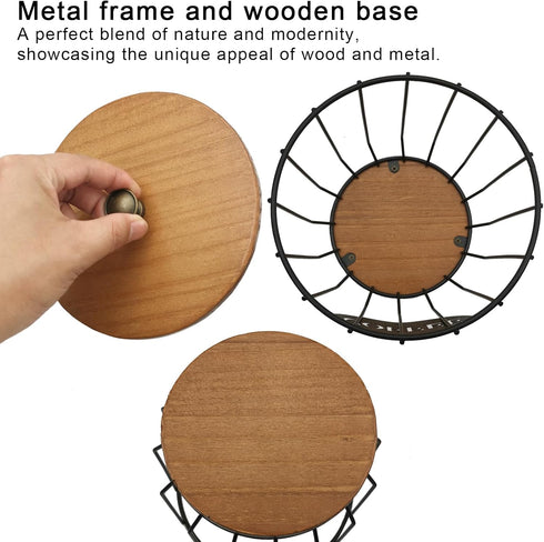 Round Coffee Pods Holder with Wooden Lid and Base, Wire Storage Basket for Home Cafe Bar Countertop Decor (Black)