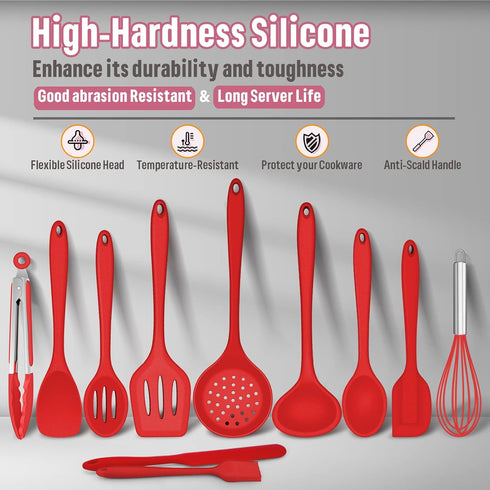 E-far 23 Pcs Silicone Kitchen Utensils Set in Red, Cooking Tools with Holder for Nonstick Cookware, Heat Resistant