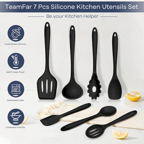 TeamFar Silicone Cooking Utensil Set of 7, Black Nonstick Tools Turner Spoon Spatula Ladle for Nonstick Cookware.