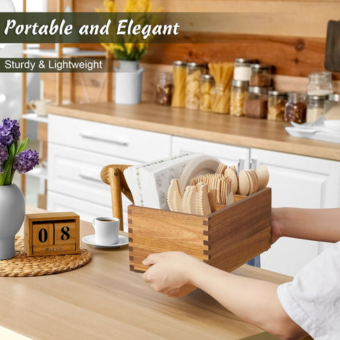 Utensil Caddy, Silverware Caddy for Party, Acacia Wood Silverware Holder, Silverware Organizer Countertop, Cutlery Storage Containers for Kitchen Table