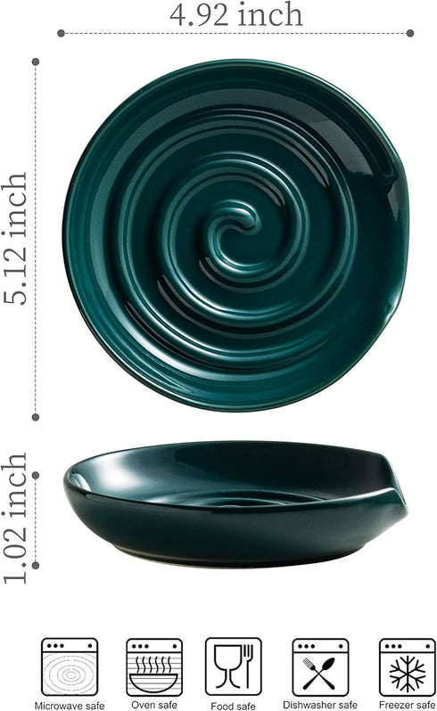 Porcelain Spoon Rest with Drip Tray, Heat-Resistant Ceramic Holder for Multiple Utensils, Dark Green for Spoons and