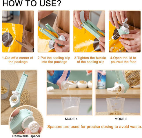 4pcs Bag Spout Clip,for Food,Snack Sealing Clips with Pour Spouts,Kitchen Chip Bag with Adhesive Hooks, for Cereal