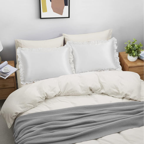 SiinvdaBZX Ruffled Queen Satin Pillowcase Set of 2, Ivory White Silky Satin Pillow Cases for Women, Ruffle Pillow Shams