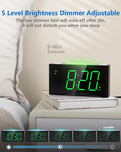 Digital Alarm Clock for Bedroom, 7 Color Night Light, USB Charger, Large Number Screen & Dimmer