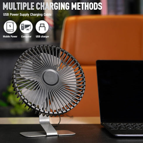 SLENPET 6 inch USB Desk Fan, Adjustable Tilt, 4 Speeds, Ultra-quiet, Portable Metal Base, Silver