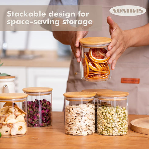 Xoniwis 25oz 6PCS Round Airtight Glass Food Storage Jars, Clear Glass Food Storage Container with Bamboo Lid, Stackable