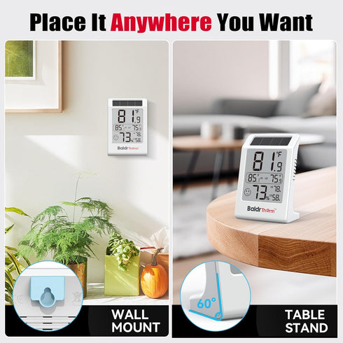 3.2'' 1Pack BaldrTherm Room Thermometer Indoor Humidity Meter, Solar-Powered Digital Temperature Sensor Monitor