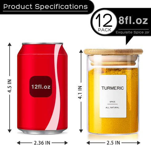 Kuocodall 12 201 8oz Pcs Glass Spice Jars with Bamboo Airtight Lids & Labels - Small Empty Food Storage Containers