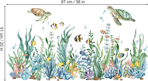 decalmile Summer Under The Sea Seaweed Double Sided Window Clings, Ocean Grass Turtle Fish Window Decals for Glass