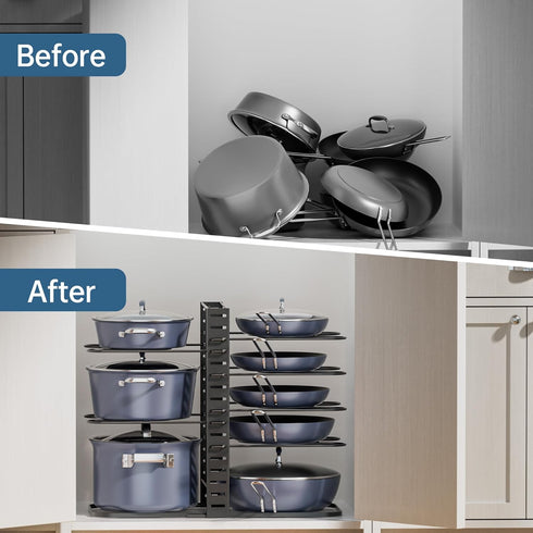 ORDORA Adjustable 8-Tier Pots and Pans Organizer: Under Cabinet Kitchen Storage for 6-11 inch Lightweight Cookware