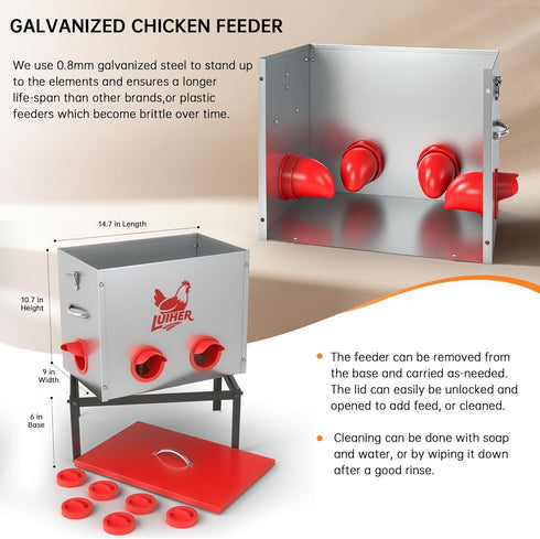 LUIHER 25LB 6 chicken food dispenser no waste chincken feeder Ports Large Capacity Galvanized Metal Poultry Feeder