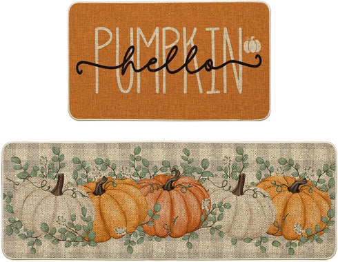 Artoid Mode Orange Buffalo Plaid Hello Pumpkin Fall Kitchen Mats Set of 2, Low-Profile Home Decor