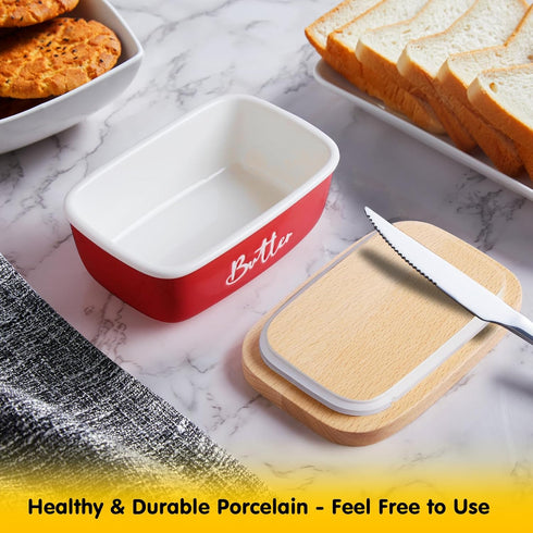 ALELION Red Butter Dish with Lid and Knife, Ceramic Container with Beech Wood Lid for Kitchen Decor