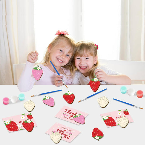 24 Set Strawberry Happy Birthday Party Favors Cards with Wood Painting Crafts Strawberry Coloring Party Supplies