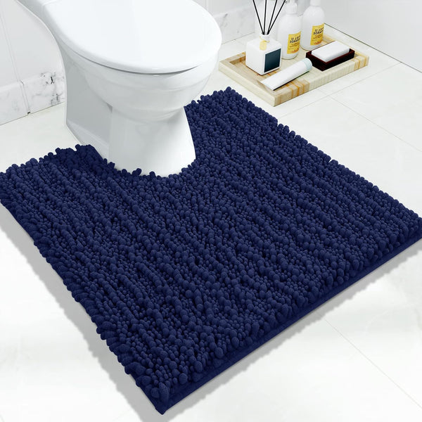 Yimobra Luxury Shaggy U-Shaped Toilet Rug, 24.4 x 24.4 Inches - Soft Non-Slip Bath Carpet, Navy Blue