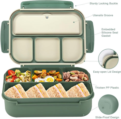 Bento Box Adult Lunch Box, 4 Compartment Containers with Utensils, Sauce Jar, Muffin Liners, 40 Oz, Green