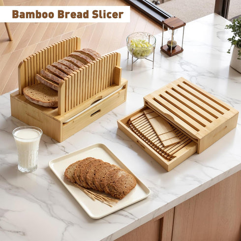 Joothlin Bamboo Bread Slicer for Homemade Bread Adjustable Width Slicing Guides, Compact Loaf Cutter for Perfect Slices
