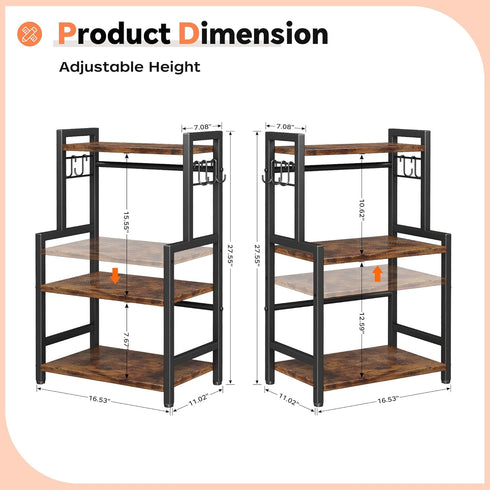 Kitchen Countertop Organizer, 3 Tier Large Spice Rack with Adjustable Shelf and 5 Hooks, Wooden Counter Organizer
