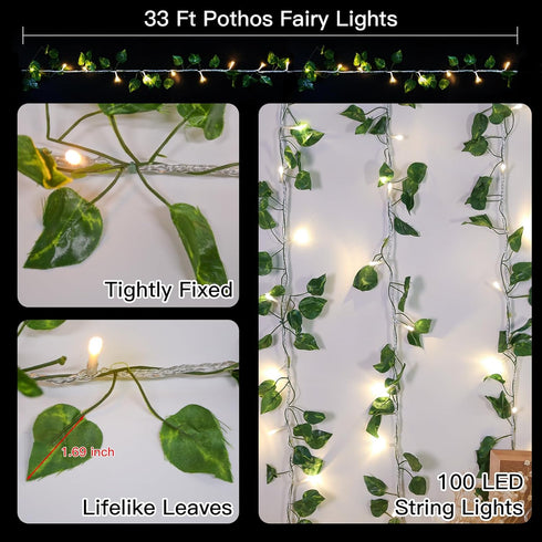33ft 100 suddus Vine with Fairy Light Plug in, LED Pothos String Lights Connectable with Remote, Leaf Lights