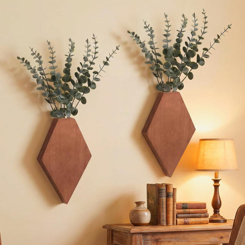 Chunful 2 Pcs Wooden Wall Planter Decor Hanging Faux Plants Greenery Flowers