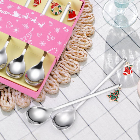 Christmas Silver Dessert Spoons, 6 Pieces Small Stainless Steel Flatware with Decorative Pendants for Coffee and Tea