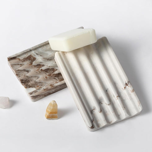 Koville Natural Marble Soap Dish for Shower, Stone Soap Tray for Bathroom, Bar Soap Holder for Sink, Stripe Grooves
