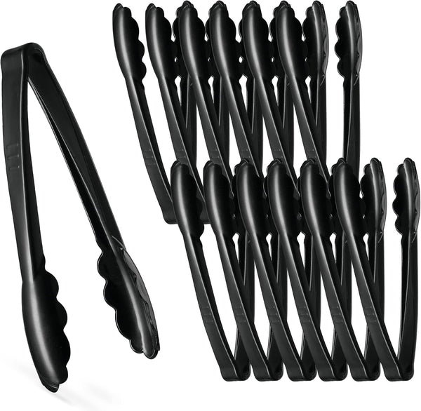 Plasticpro 9'' Heavy Duty Black Tongs, Reusable Kitchen and BBQ Serving Tong, Pack of 12 for Events