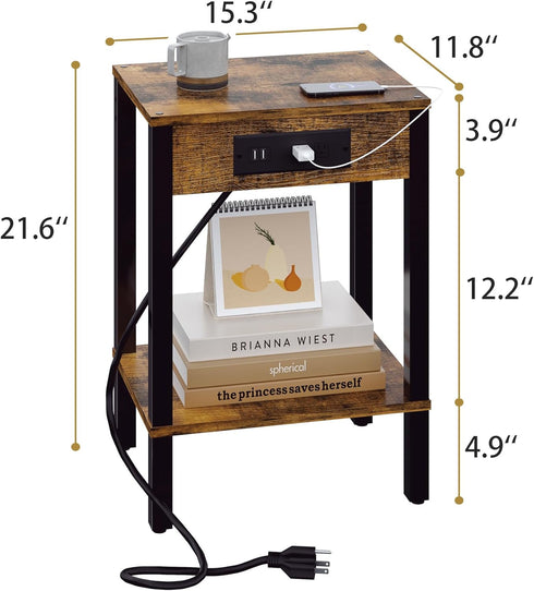 MMEOLUOOK 2-Tier MLBZ14RE End Table with Charging Station, Nightstand with Storage Shelf,Modern Side Table,Bedside