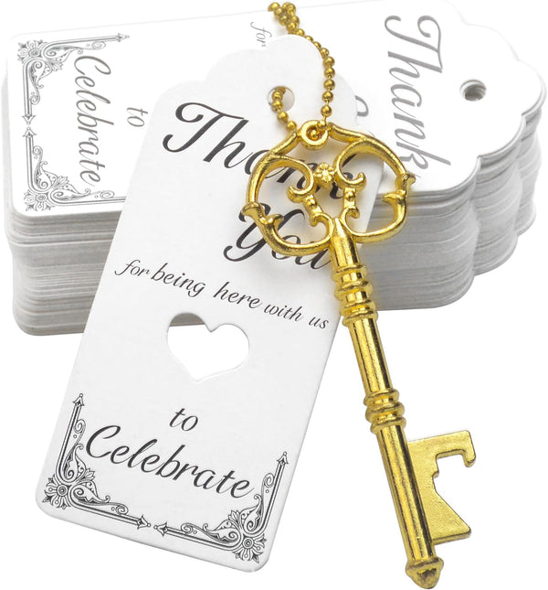 Aokbean 52pcs Vintage Skeleton Key Bottle Opener Set with Thank You Tag Card, Keychain (Gold)