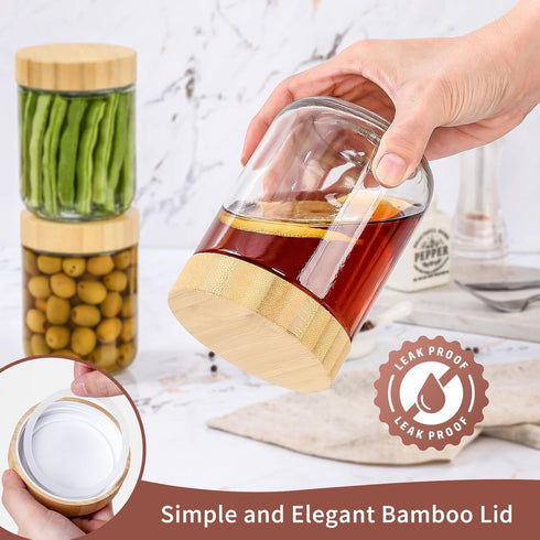 16 Oz 4 Pack DRKIO Overnight Oats Containers with Bamboo Lids - Glass Storage Jars with Airtight Lids Wide Mouth Mason