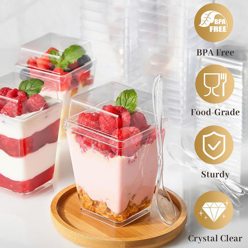 50 Pack 5 oz TOFLEN Plastic Dessert Cups with High Lids for Party, Mini Dessert Cups with Spoons Dessert Shooter Cups