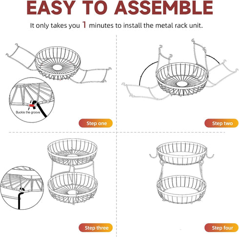 2 Counter 2 Counter Sevenblue Tier Large Fruit Basket for Kitchen with Banana Hangers, Metal Stackable Fruit Bowl