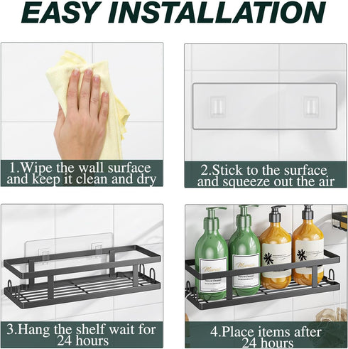 12 Storage,Black,3 Pack Youvip Adhesive Shower Caddy,Shower Shelves with Soap Holder and Hooks,Rustproof No Drilling