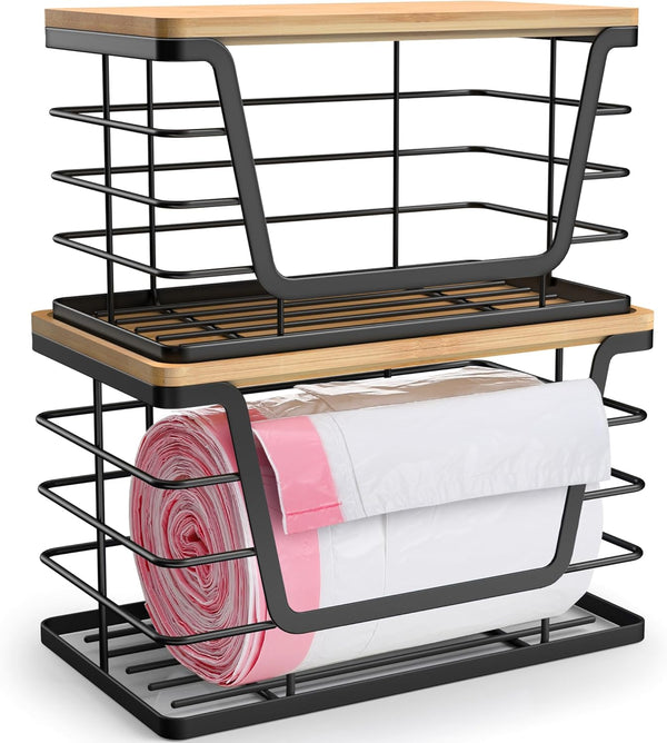 ALOCEO 2 Pack Storage Stackable Kitchen Laundry Organizers with Bamboo Top, Large