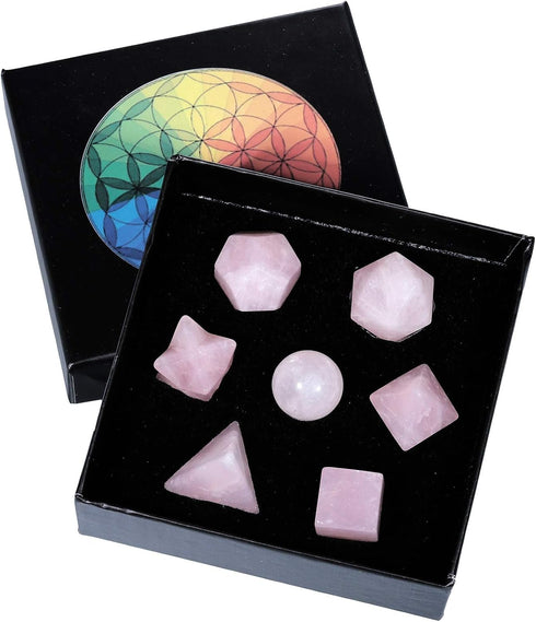 Amogeeli Crystal Platonic Solids Sacred Geometry Set, Healing Stone Gift Kit with Merbaka Star and Rose Quartz
