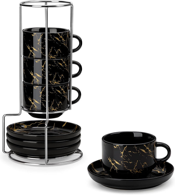 MALACASA 8 OZ Porcelain Espresso Cups with Saucers and Metal Stand Set