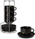 MALACASA 8 OZ Porcelain Espresso Cups with Saucers and Metal Stand Set