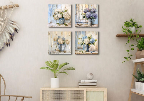 Rustic Hydrangea Wall Art, Blue and White Flowers Canvas Picture, Vintage Botanical Floral Posters for Living Room