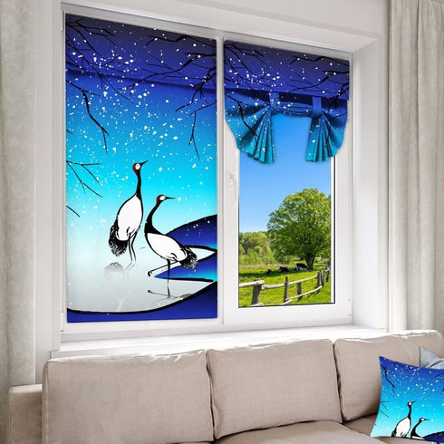 Door Curtains for Windows - Japanese Crane Printed Curtains for French Glass Door, 26 x 40 inch Tie Up Curtains