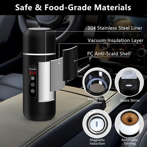12V/24V 420ML 304 Car Kettle, Portable Electric Travel Kettle & Stainless Steel Water Boiler with Built-in Magnetic