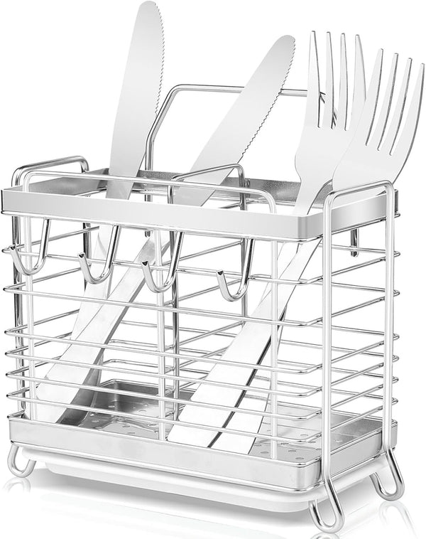 Stainless Steel Utensil Holder with 2 Compartments, Drying Rack for Kitchen Counter, Silverware Organizer