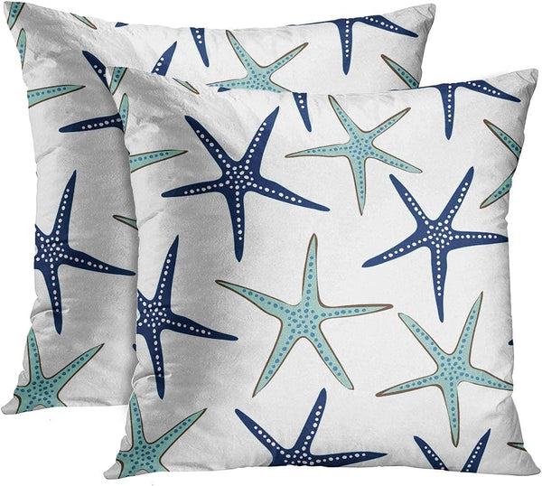 Emvency Set of 2 Throw Pillow Covers, Beach Ocean Coastal Green and Blue Starfish Decorative Pillow Cases 18x18 Inches