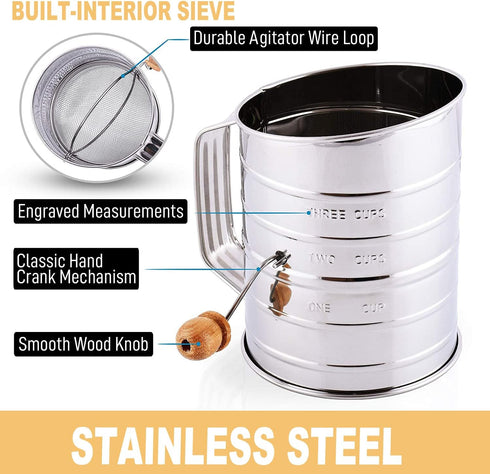 Stainless Steel Flour Sifter 3 Cups for Baking, Rotary Hand Crank Powdered Sugar Shaker and Duster