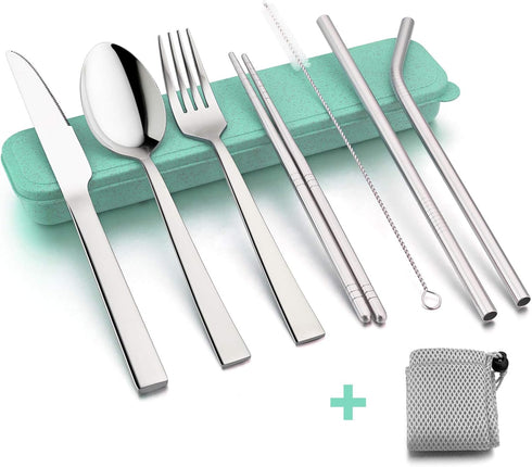 HaWare Portable Travel Utensils with Case, Stainless Steel Silverware Set for Camping Office School Lunch, Including Knife Fork Spoon Chopsticks, Reusable and Dishwasher Safe(Green) by HaWare