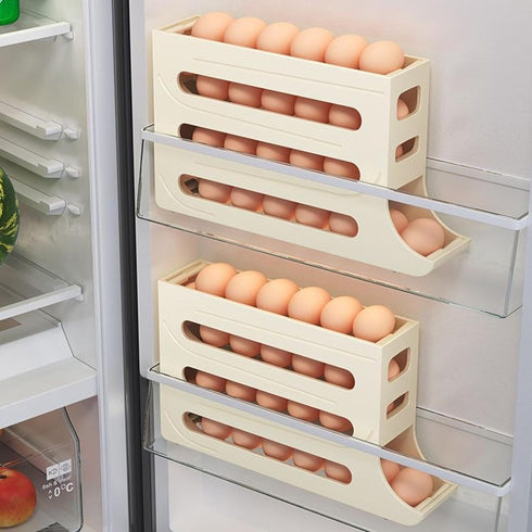 4 Tiers Egg Holder for Fridge - Automatic Egg Rolling Rack for 30 Eggs Storage (Cream Color)