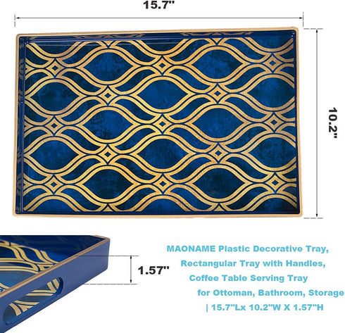 15.7" 10.2" 1.57" MAONAME Blue Decorative Tray with Handles, Plastic Serving Tray for Coffee Table, Marbling