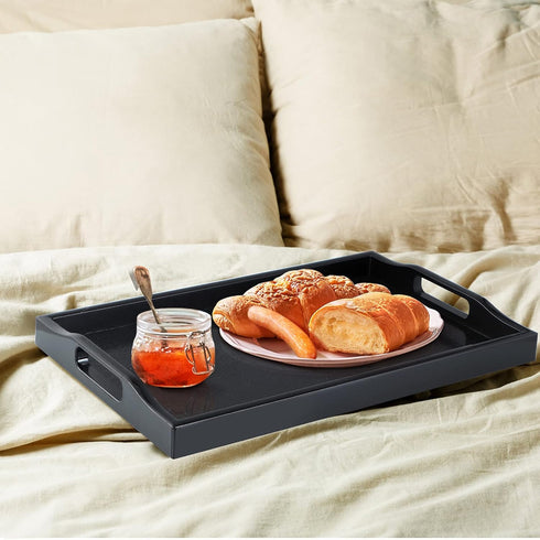 MDLUU Set of 3 Plastic Serving Tray - Black Ottoman Tray with Cutout Handles, Rectangle Butler Tray for Breakfast
